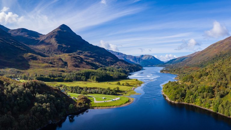 aerial view of loch linnhe in summer near duror and ballachulish and glencoe in the argyll region of the highlands of scotland showing blue water and green fertile coast line